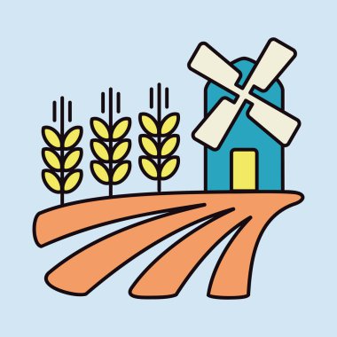 Yel değirmeni ve buğday ikonu olan bir tarla. Tarım işareti. Web sitenizin tasarımı için grafik sembolü, logo, uygulama, UI. Vektör illüstrasyonu, EPS10.