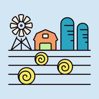 Çiftlik manzarası, ahır, rüzgar pompası, saman yığını ve ambar ikonu. Tarım işareti. Web sitenizin tasarımı için grafik sembolü, logo, uygulama, UI. Vektör illüstrasyonu, EPS10.
