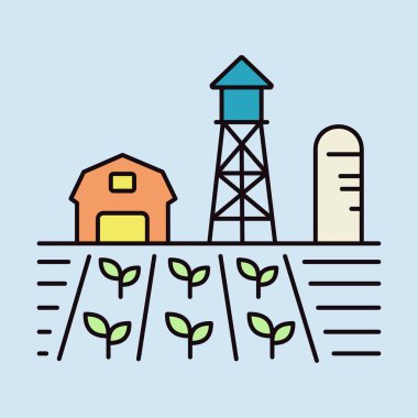 Çiftlik manzarası, ahır, rüzgâr pompası, fide ve su kulesi ikonu. Tarım işareti. Web sitenizin tasarımı için grafik sembolü, logo, uygulama, UI. Vektör illüstrasyonu, EPS10.