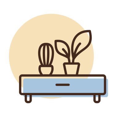 İki saksı bitkisi ikonu olan ahşap bir raf. Mobilya, web sitesi ve uygulama tasarımı için grafik sembolü, logo, uygulama, UI