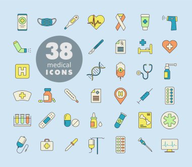 Tıbbi vektör düz simgeler ayarlandı. İlaç ve sağlık sigortası, tıbbi destek işareti. Tıbbi web sitesi ve uygulama tasarımı için grafik sembolü, logo, uygulama, UI
