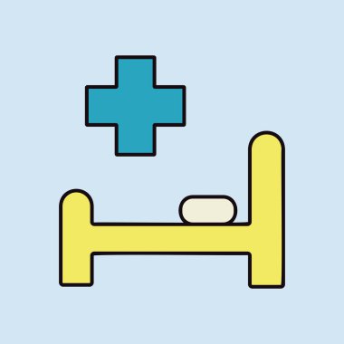 Hastane yatağı ve vektör düz ikon. İlaç ve sağlık sigortası, tıbbi destek işareti. Tıbbi web sitesi ve uygulama tasarımı için grafik sembolü, logo, uygulama, UI