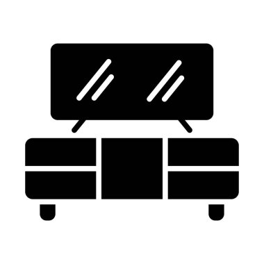 TV stand vektör katı simgesi. Mobilya, web sitesi ve uygulama tasarımı için grafik sembolü, logo, uygulama, UI