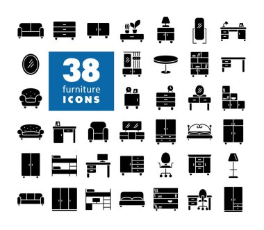 Basit bir Mobilya Vektörü katı simgesi seti. Mobilya, web sitesi ve uygulama tasarımı için grafik sembolü, logo, uygulama, UI