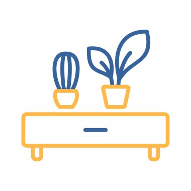 İki saksı bitkisi ikonu olan ahşap bir raf. Mobilya, web sitesi ve uygulama tasarımı için grafik sembolü, logo, uygulama, UI