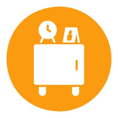 Ahşap komodin ve saat alarmı vektörü katı simgesi. Mobilya, web sitesi ve uygulama tasarımı için grafik sembolü, logo, uygulama, UI