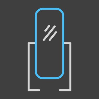 Koyu arkaplan simgesinde parlak bir vektörde duran ayna. Mobilya, web sitesi ve uygulama tasarımı için grafik sembolü, logo, uygulama, UI