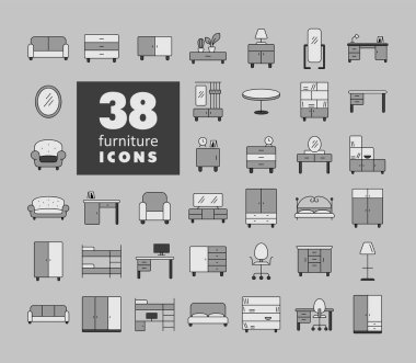 Mobilya vektörü gri tonlama simgesinin basit bir kümesi. Mobilya, web sitesi ve uygulama tasarımı için grafik sembolü, logo, uygulama, UI