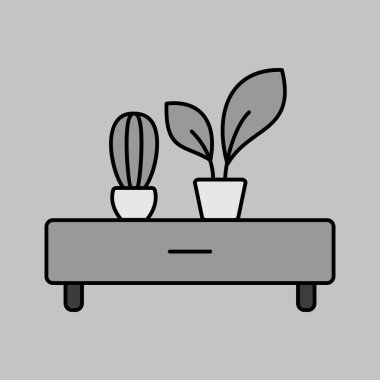 Gri tonlu iki saksı bitkisi vektörü olan ahşap bir raf. Mobilya, web sitesi ve uygulama tasarımı için grafik sembolü, logo, uygulama, UI
