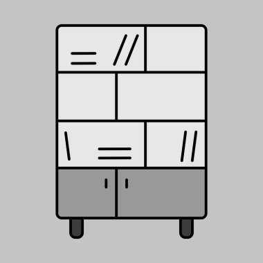 Gri tonlu vektör simgesini düzenleyen belge depolama için dizinleri ve rafları olan ofis dolabı. Mobilya, web sitesi ve uygulama tasarımı için grafik sembolü, logo, uygulama, UI