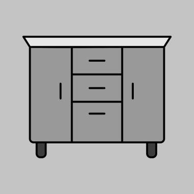 Yatağın yanındaki şifonyer vektörü gri ölçekli ikon. Çekmece işareti. Mobilya, web sitesi ve uygulama tasarımı için grafik sembolü, logo, uygulama, UI