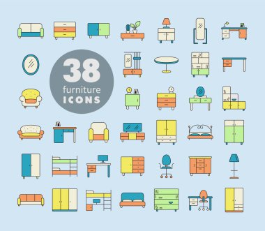 Mobilya vektör simgesinin basit bir kümesi. Mobilya, web sitesi ve uygulama tasarımı için grafik sembolü, logo, uygulama, UI