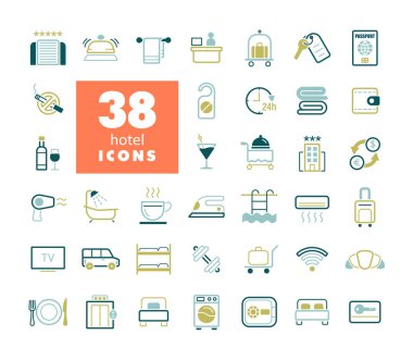 Otel vektör düzlüğü izole ikon seti. Seyahat ve turizm web sitesi ve uygulama tasarımı, logo, uygulama, UI için grafik sembolü