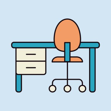 Kaster sandalyesi ve kaide çekmecesi vektör ikonu olan ev ya da ofis masası. Mobilya, web sitesi ve uygulama tasarımı için grafik sembolü, logo, uygulama, UI