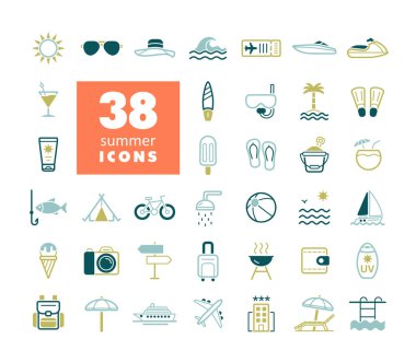 Yaz vektörü izole simgeleri belirlendi. Yaz tabelası. Seyahat ve turizm web sitesi ve uygulama tasarımı, logo, uygulama, UI için grafik sembolü