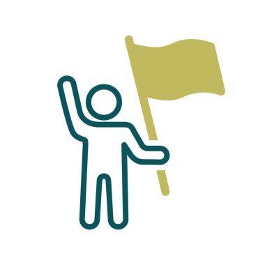 Man standing and holding in hands flag, banner vector isolated icon. Demonstration, protest, strike, revolution. Graph symbol for web site design, app, UI