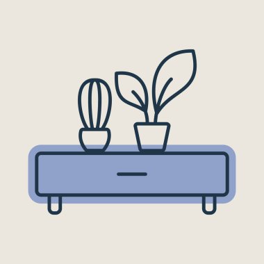 İki saksı bitkisi ikonu olan ahşap bir raf. Mobilya, web sitesi ve uygulama tasarımı için grafik sembolü, logo, uygulama, UI