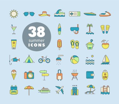 Yaz vektör simgeleri ayarlandı. Yaz tabelası. Seyahat ve turizm web sitesi ve uygulama tasarımı, logo, uygulama, UI için grafik sembolü