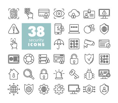 Güvenlik vektör simgesi ayarlandı. Siber kilit, şifre, kilidi aç. Güvenlik, kalkan, ev güvenlik sistemi simgeleri. Göz girişi, elektronik kontrol, güvenlik duvarı. İnternet koruması, dizüstü bilgisayar parolası