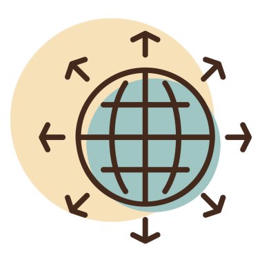 Dünya vektör simgesinin dışındaki oklar. Küresel iletişim sembolü. Güvenlik işareti. Web sitenizin tasarımı için grafik sembolü, logo, uygulama, UI