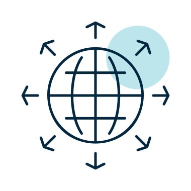 Dünya vektör simgesinin dışındaki oklar. Küresel iletişim sembolü. Güvenlik işareti. Web sitenizin tasarımı için grafik sembolü, logo, uygulama, UI