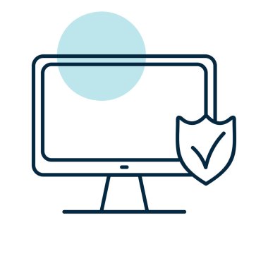 Kalkanlı monitör ve işaret vektör simgesini kontrol et. Güvenlik işareti. Web sitenizin tasarımı için grafik sembolü, logo, uygulama, UI