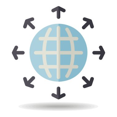 Dünya vektör simgesinin dışındaki oklar. Küresel iletişim sembolü. Güvenlik işareti. Web sitenizin tasarımı için grafik sembolü, logo, uygulama, UI