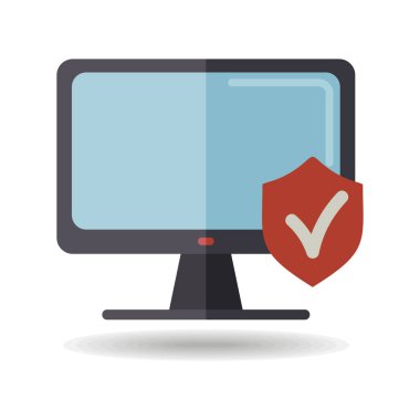 Kalkanlı monitör ve işaret vektör simgesini kontrol et. Güvenlik işareti. Web sitenizin tasarımı için grafik sembolü, logo, uygulama, UI