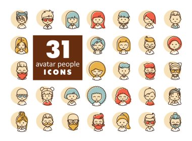 Avatar bağlantılı vektör simgeleri kümesi. Kişi, kullanıcı, erkek, kadın, insan ve daha fazlası gibi simgeleri içerir.