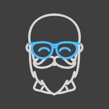 Kel sakallı adam koyu arkaplan ikonunda gözlüklü vektör. Hippi sembolü. Avatar karakter portresi işaretleri. Web sitenizin tasarımı için grafik sembolü, logo, uygulama, UI