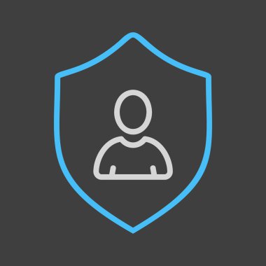 Karanlık arkaplan simgesinde gizlilik vektörü. Siluet sembollü kalkan. Kişisel koruma işareti. Kimlik doğrulama güvenlik simgesi. Web sitenizin tasarımı için grafik sembolü, logo, uygulama, UI
