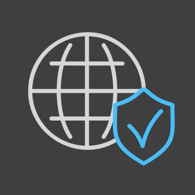 Karanlık arkaplan simgesinde küresel kalkan vektörü. Güvenlik işareti. Web sitenizin tasarımı için grafik sembolü, logo, uygulama, UI