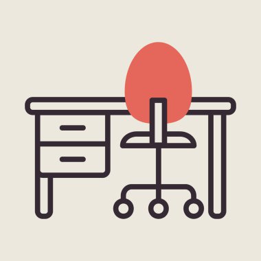 Kaster sandalyesi ve kaide çekmecesi vektör ikonu olan ev ya da ofis masası. Mobilya, web sitesi ve uygulama tasarımı için grafik sembolü, logo, uygulama, UI