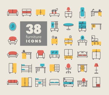 Mobilya vektör simgesinin basit bir kümesi. Mobilya, web sitesi ve uygulama tasarımı için grafik sembolü, logo, uygulama, UI