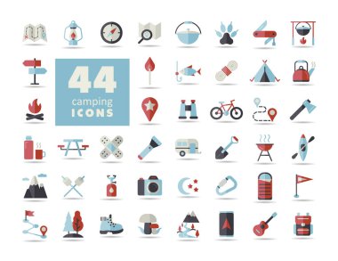 Kamp, yürüyüş, doğa ve doğa aktiviteleri izole edilmiş ikonlar. Seyahat ve turizm web sitesi ve uygulama tasarımı, logo, uygulama, UI için grafik sembolü
