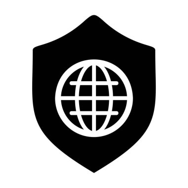 Küresel kalkan vektör simgesi. Güvenlik işareti. Web sitenizin tasarımı için grafik sembolü, logo, uygulama, UI