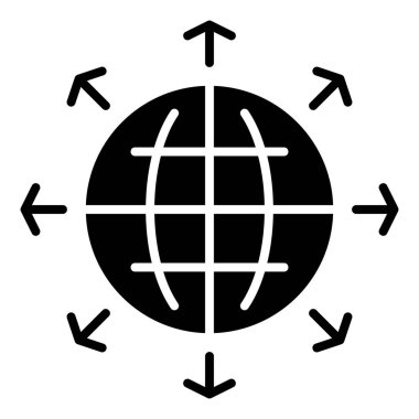Dünya vektör simgesinin dışındaki oklar. Küresel iletişim sembolü. Güvenlik işareti. Web sitenizin tasarımı için grafik sembolü, logo, uygulama, UI