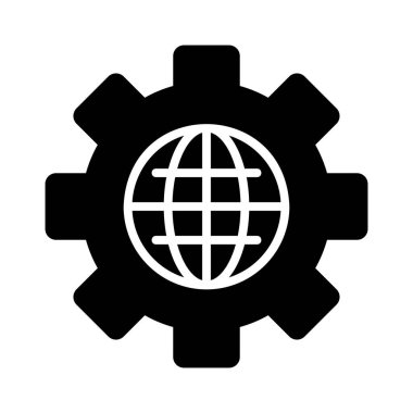 Vites vektör ikonlu dünya. Dünya mekanizma sembolü. Küresel mühendislik ekip çalışması. Güvenlik işareti. Web sitenizin tasarımı için grafik sembolü, logo, uygulama, UI