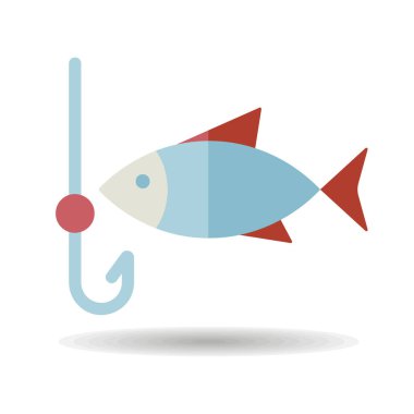 Balık vektör ikonuyla olta. Kamp ve yürüyüş işareti. Seyahat ve turizm web sitesi ve uygulama tasarımı, logo, uygulama, UI için grafik sembolü