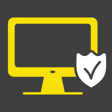 Kalkanlı monitör ve koyu arkaplandaki iz vektör simgesini kontrol et. Güvenlik işareti. Web sitenizin tasarımı için grafik sembolü, logo, uygulama, UI