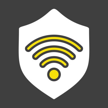 Karanlık arka planda koruma Wi-Fi vektör simgesi. Özel ağ. Kablosuz ağ sembollü kalkan. Güvenlik işareti. Web sitenizin tasarımı için grafik sembolü, logo, uygulama, UI