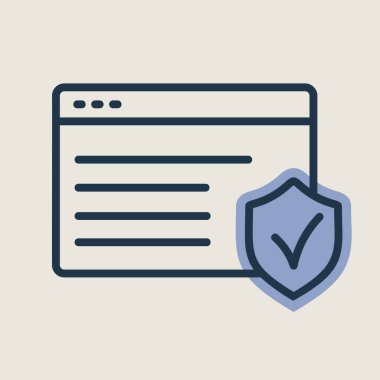 İnternet güvenlik vektör simgesi. Koruyucu kalkanlı web sayfası. Güvenlik işareti. Web sitenizin tasarımı için grafik sembolü, logo, uygulama, UI