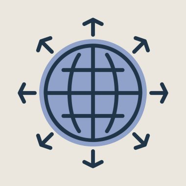 Dünya vektör simgesinin dışındaki oklar. Küresel iletişim sembolü. Güvenlik işareti. Web sitenizin tasarımı için grafik sembolü, logo, uygulama, UI