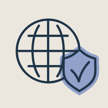 Küresel kalkan vektör simgesi. Güvenlik işareti. Web sitenizin tasarımı için grafik sembolü, logo, uygulama, UI