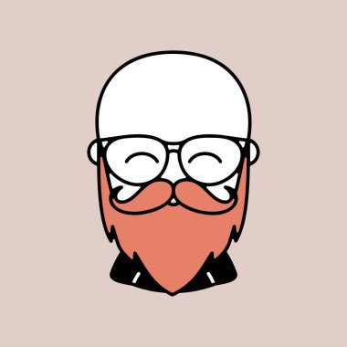 Gözlük vektör ikonlu kel sakallı adam. Hippi sembolü. Avatar karakter portresi işaretleri. Web sitenizin tasarımı için grafik sembolü, logo, uygulama, UI