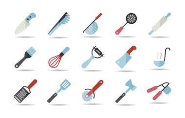 Mutfak gereçleri ve mutfak vektörü izole edilmiş ikon seti. Yemek pişirme web sitesi ve uygulama tasarımı, logo, uygulama, UI için grafik sembolü