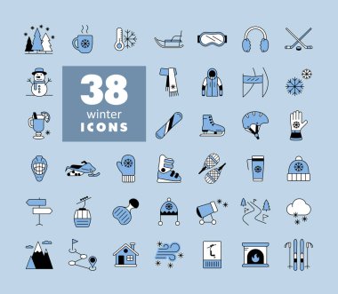 Kış vektörü izole edilmiş simge seti. Seyahat ve turizm web sitesi ve uygulama tasarımı, logo, uygulama, UI için grafik sembolü