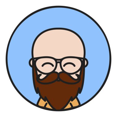 Gözlük vektör ikonlu kel sakallı adam. Hippi sembolü. Avatar karakter portresi işaretleri. Web sitenizin tasarımı için grafik sembolü, logo, uygulama, UI