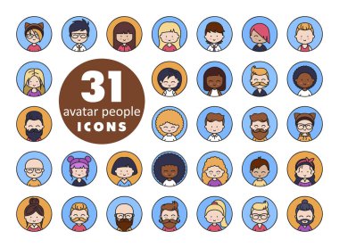 Avatar bağlantılı vektör simgeleri kümesi. Kişi, kullanıcı, erkek, kadın, insan ve daha fazlası gibi simgeleri içerir.