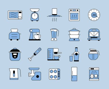 Mutfak aletleri elektronik elektrikli teçhizat vektörü izole edilmiş ikon seti. Yemek pişirme web sitesi ve uygulama tasarımı, logo, uygulama, UI için grafik sembolü